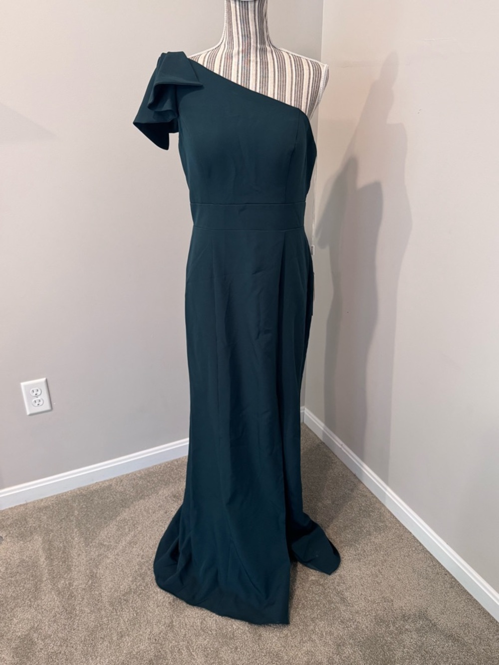 NWT Stacees Bridesmaid Dress Fitted One Shoulder Bow Stretch Satin w Slit Sz 12
